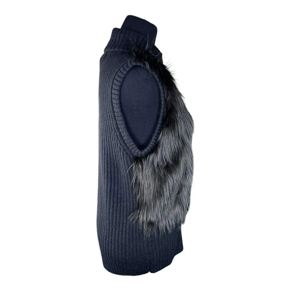 Michael Kors Mob Wife Faux Fur Sweater Vest Women Sz Lg Black‎ Wool Blend EUC